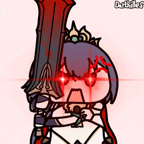 a cartoon of a girl holding a large sword with darthilles written on the bottom right