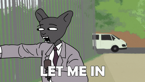 a cartoon of a cat saying let me in with a white van in the background