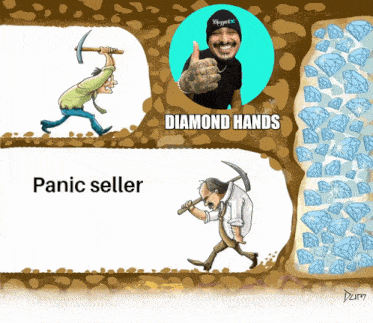 a cartoon of a man holding a pickaxe next to a man holding a diamond hands