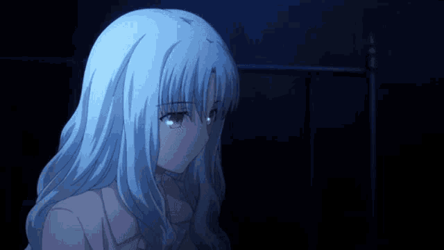 a girl with long white hair is standing in the dark