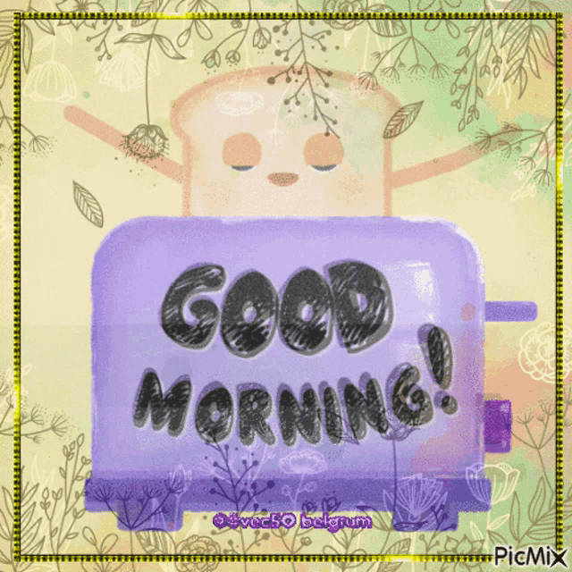 a purple toaster with the words good morning on it