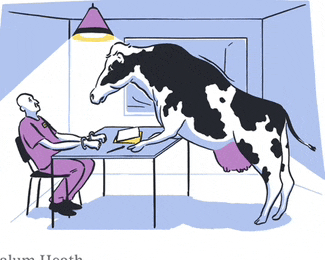 a cartoon of a man sitting at a table and a cow standing on its hind legs