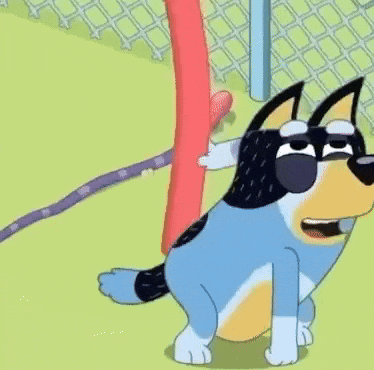 a cartoon dog is sitting on the grass next to a fence and a rope .