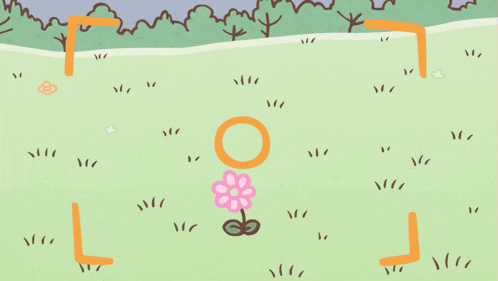a cartoon character is holding a ring over a flower in a field