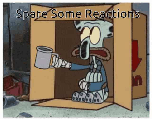 squidward from spongebob is sitting in a cardboard box holding a cup