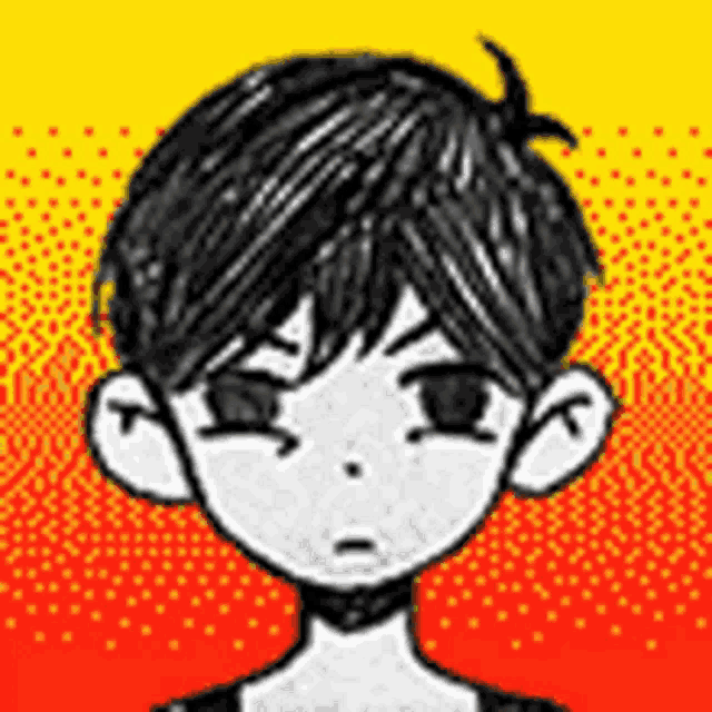 a black and white drawing of a boy with a yellow background .