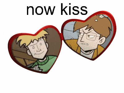 a pair of heart shaped glasses with two cartoon characters on them and the words now kiss above them