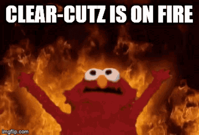 elmo is standing in front of a fire with the words clear-cutz is on fire above him