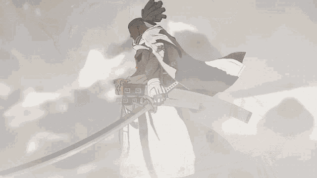 a cartoon drawing of a man holding a sword and a box