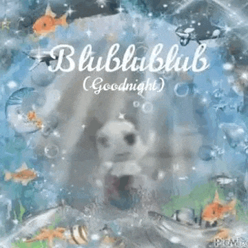 a picture of a dog surrounded by fish and bubbles with the words `` goodnight '' .