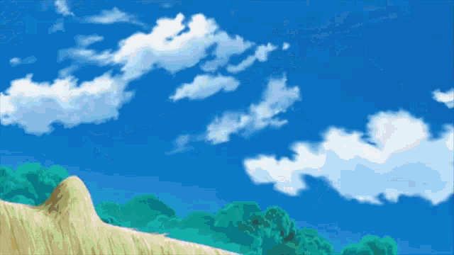 a painting of a blue sky with white clouds and trees