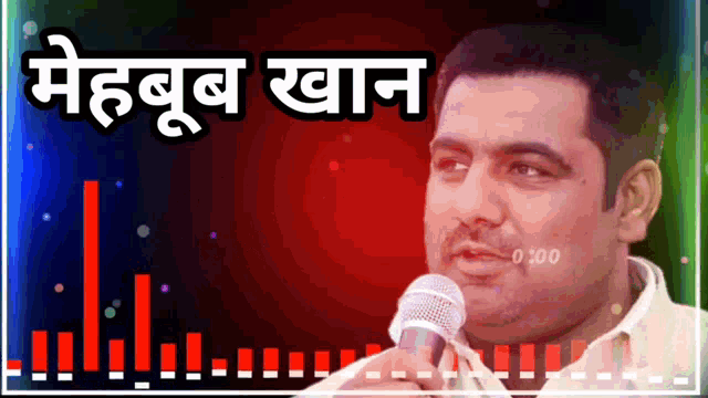 a man is singing into a microphone with a red background and a bar graph behind him that says 0-100