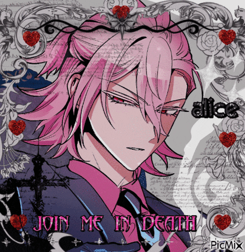 a picture of a girl with pink hair and the words join me in death on the bottom