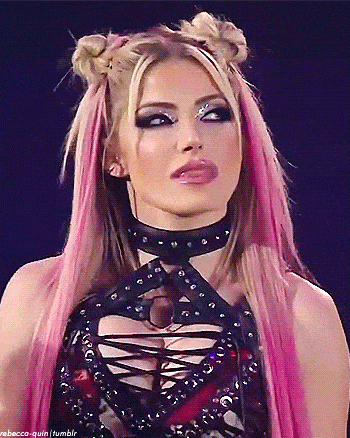 a woman with pink hair and a choker is wearing a black and red outfit .