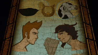 a painting of a man with horns and a horseshoe on a wall
