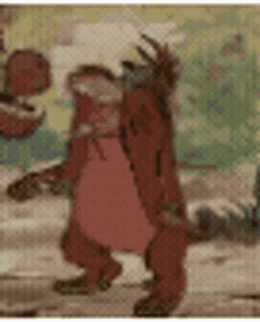 a cartoon of a bear walking down a sidewalk with a dog .