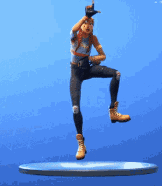 a cartoon character is jumping in the air while standing on one leg