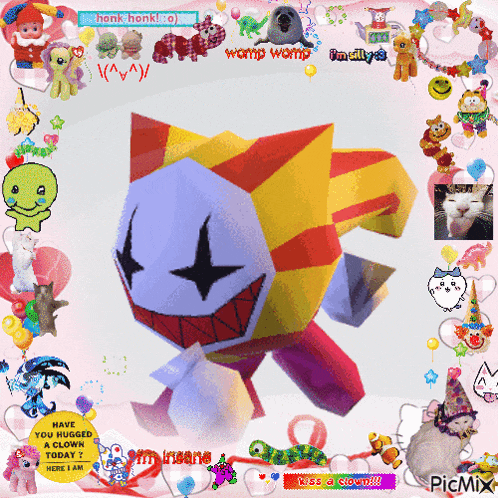a picture of a clown is surrounded by stickers including one that says " have you kissed a clown today ? "