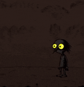 a cartoon character with yellow eyes is standing in front of a wall
