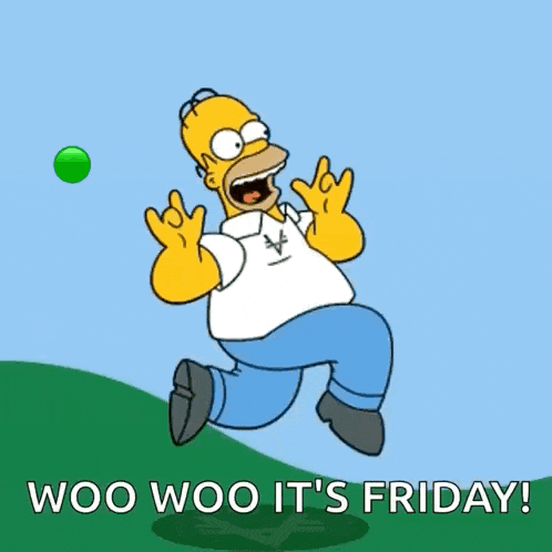 a cartoon of homer simpson running on a hill with the words woo woo it 's friday below him