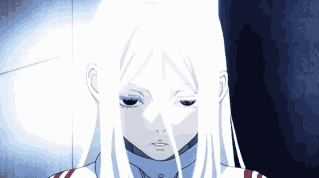 a girl with long white hair and red eyes