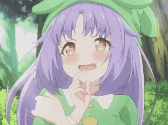 a girl with purple hair and a green hat is making a funny face