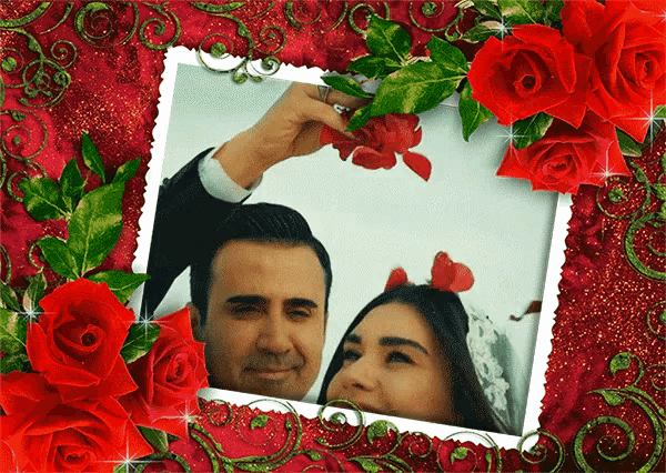 a picture of a man and a woman in a red rose frame