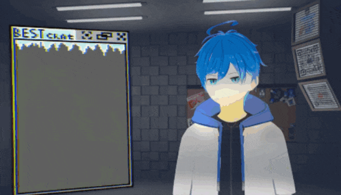 a boy with blue hair is standing in front of a sign that says best ticket