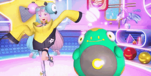 a girl in a yellow jacket stands next to a green monster