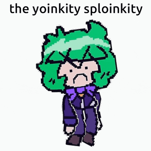 a pixel art drawing of a boy with green hair and the words " the yoinkity sploinkity " above him