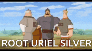 three cartoon warriors are standing next to each other in a field with the words root uriel silver below them .