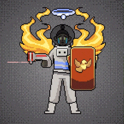 a pixel art of a person holding a gun and a shield