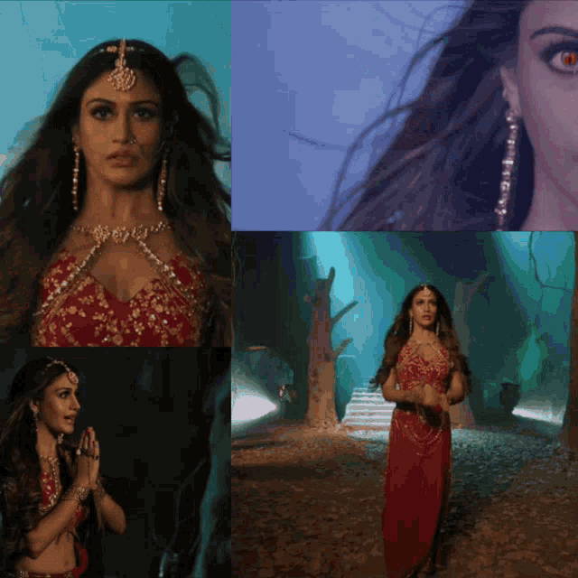 a collage of images of a woman in a red and gold dress