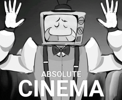 a black and white drawing of a man with a tv head and the words absolute cinema below him
