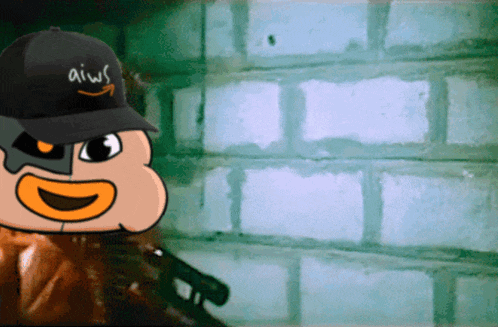 a cartoon character wearing a hat that says aiws on it