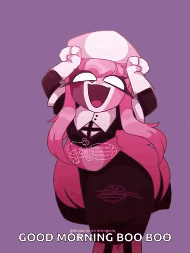 a cartoon drawing of a girl with pink hair and the words good morning boo boo on the bottom