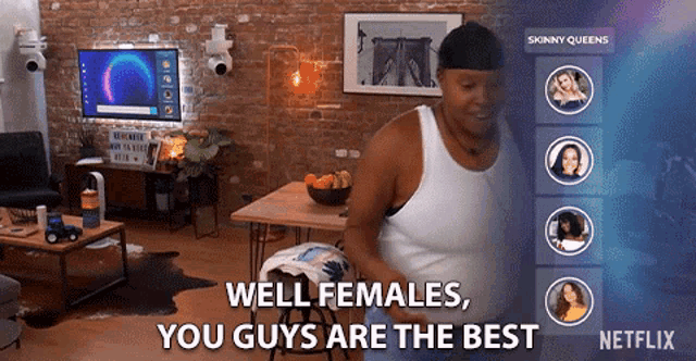 an advertisement for skinny queens shows a woman in a living room