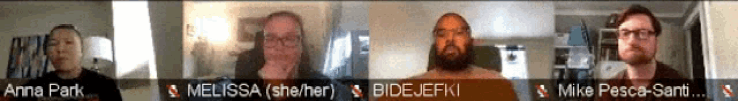 four people are on a video call including anna park melissa and bidejefi