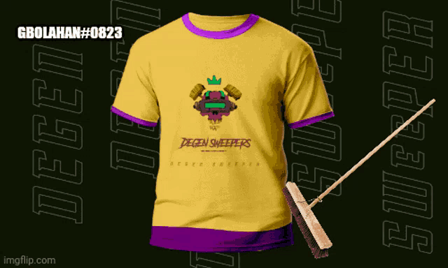 a yellow t-shirt with degen sweepers on the front