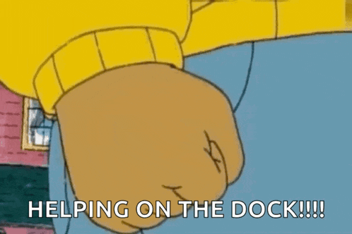 a cartoon character says helping on the dock with his fist in the air