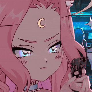 a pink anime girl is holding a gun and says stop