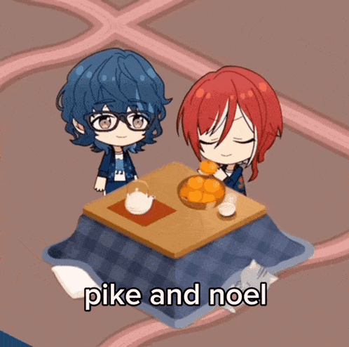 a couple of anime characters sitting at a table with the words pike and noel written below them