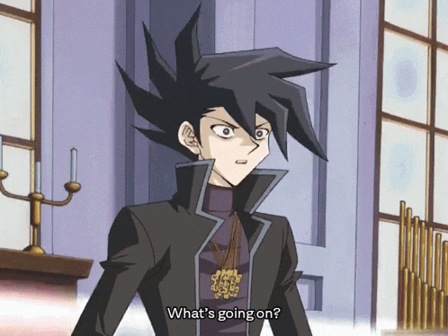 a cartoon character says what 's going on in a room