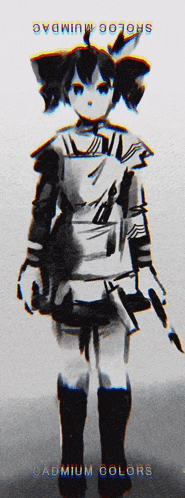 a black and white drawing of a girl with the words sadmium colors on the bottom right