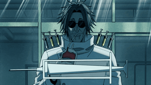a man in a lab coat is holding a syringe that says ' vaccine ' on the needle