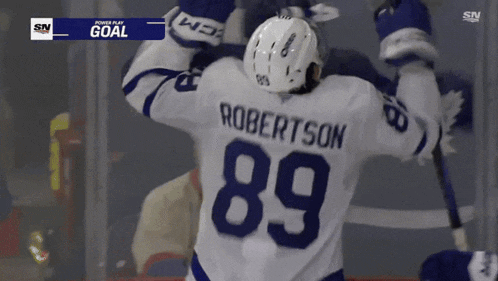 a hockey player with the name robertson on the back of his shirt