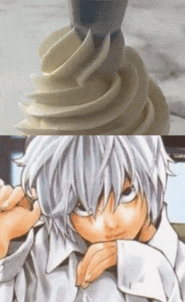a close up of a swirl of frosting next to a drawing of a person with white hair