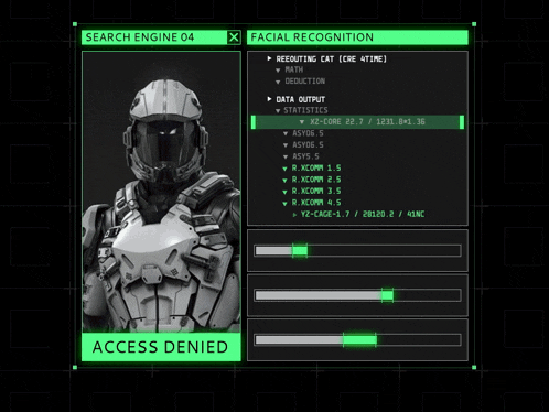 a computer screen shows a robot and the words search engine 04 facial recognition