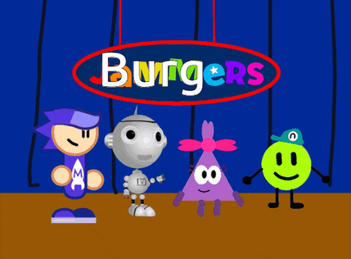a group of cartoon characters stand under a sign that says burgers