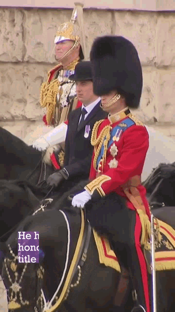 a man in a red uniform is riding a black horse with the words he h hon title below him
